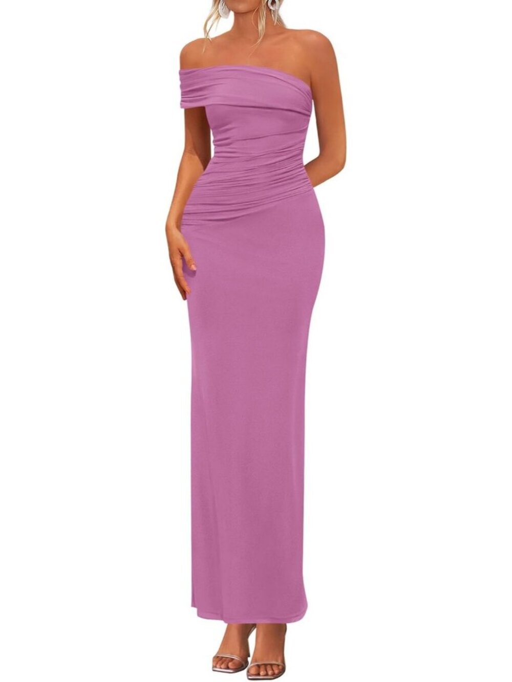 Women's Grey Purple Sleeveless Semi Formal One Off Shoulder Maxi Long Dress